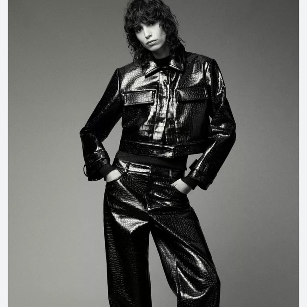 Brand new!Zara Set,Croc-Embossed Black Faux Leather Jacket M and Leather Pants M